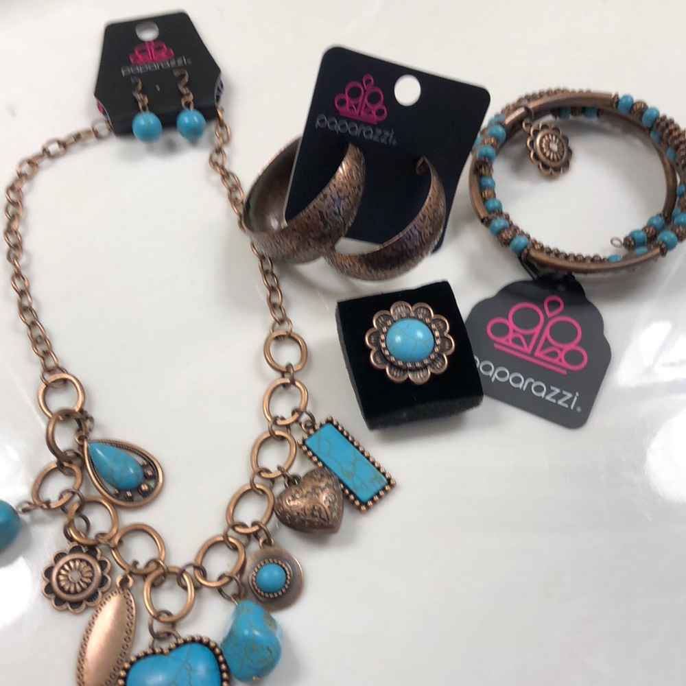 Necklace, bracelet, earrings and ring set